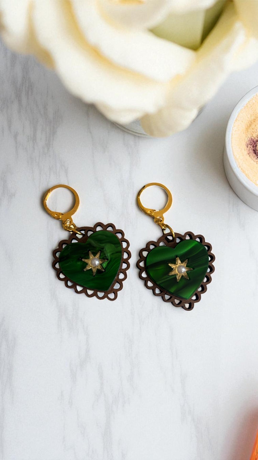 Rococo Green Heart Earrings with Walnut Backing & Gold Star Detail – Acrylic Hoop Jewellery