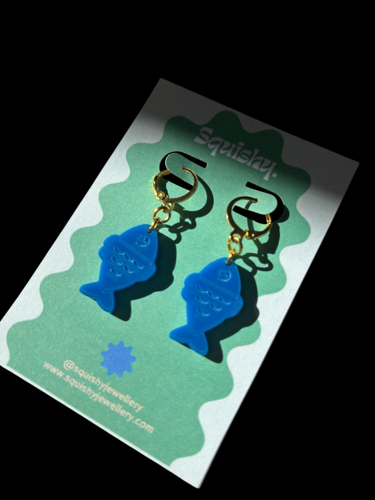 Blue Fish Acrylic Earrings on Gold Huggie Hoops