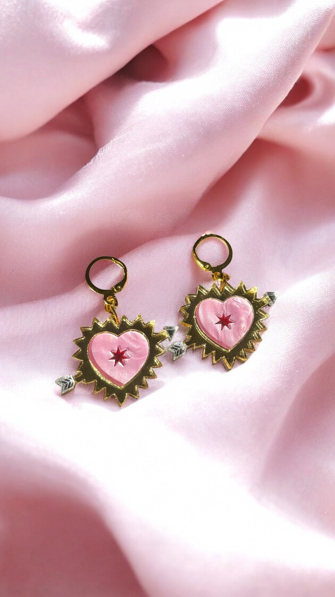 Pink Sacred Heart Earrings – Gold-Plated Huggie Hoops with Arrow Detail