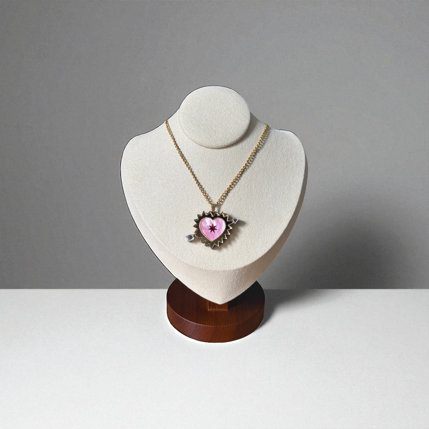 Pink Sacred Heart Necklace – Gold Chain with Arrow Detail