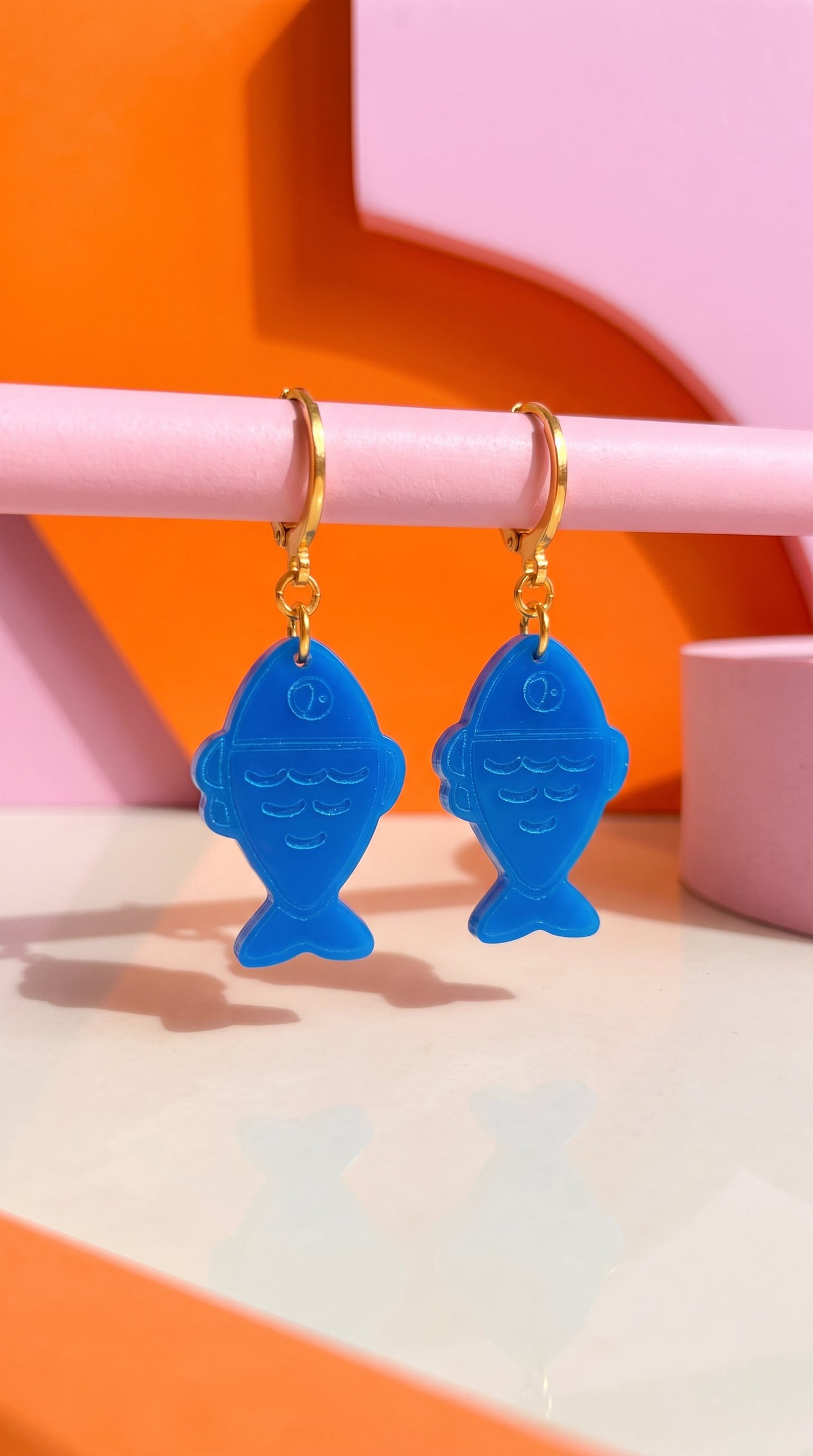 Blue Fish Acrylic Earrings on Gold Huggie Hoops