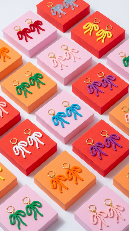 Colorful Bow Earrings — Acrylic Bow Huggie Hoops, Multiple Colours, Cute Statement Kawaii Bows, Handmade Colour-Blocked Earrings