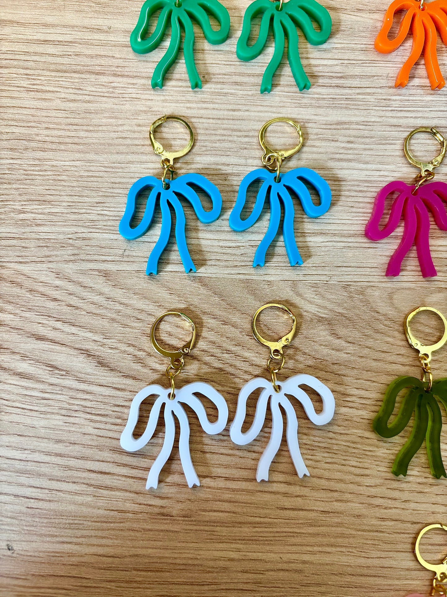 Colorful Bow Earrings — Acrylic Bow Huggie Hoops, Multiple Colours, Cute Statement Kawaii Bows, Handmade Colour-Blocked Earrings