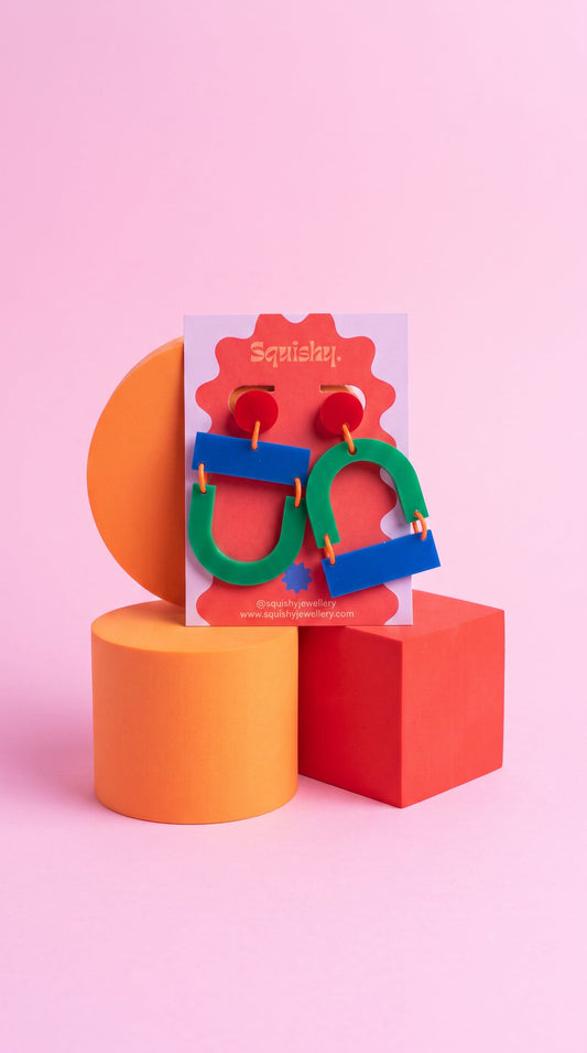 Bauhaus Statement Earrings | Blue, Red & Green Geometric Wearable Art