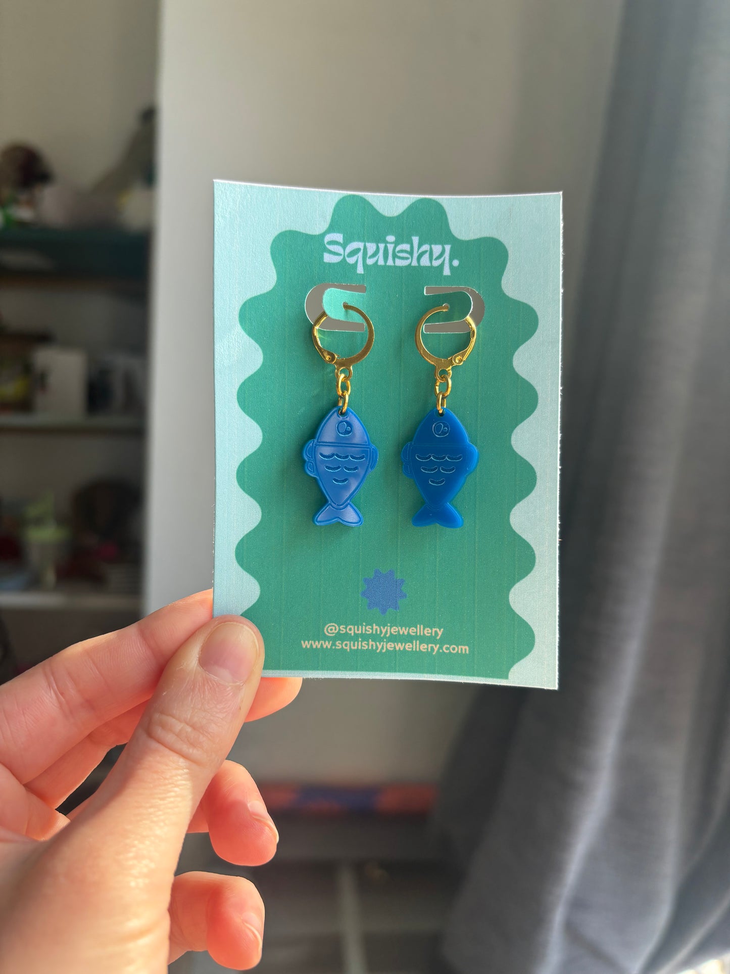 Blue Fish Acrylic Earrings on Gold Huggie Hoops