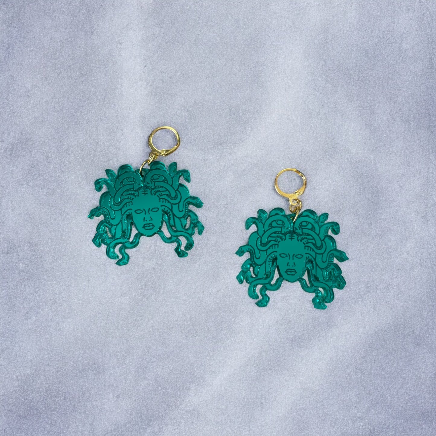 Green Medusa Earrings Mirrored Acrylic Medusa Head Hoops Mythic Statement Jewellery Goth Alt Fashion Ancient Greece, Classics Witchy Costume
