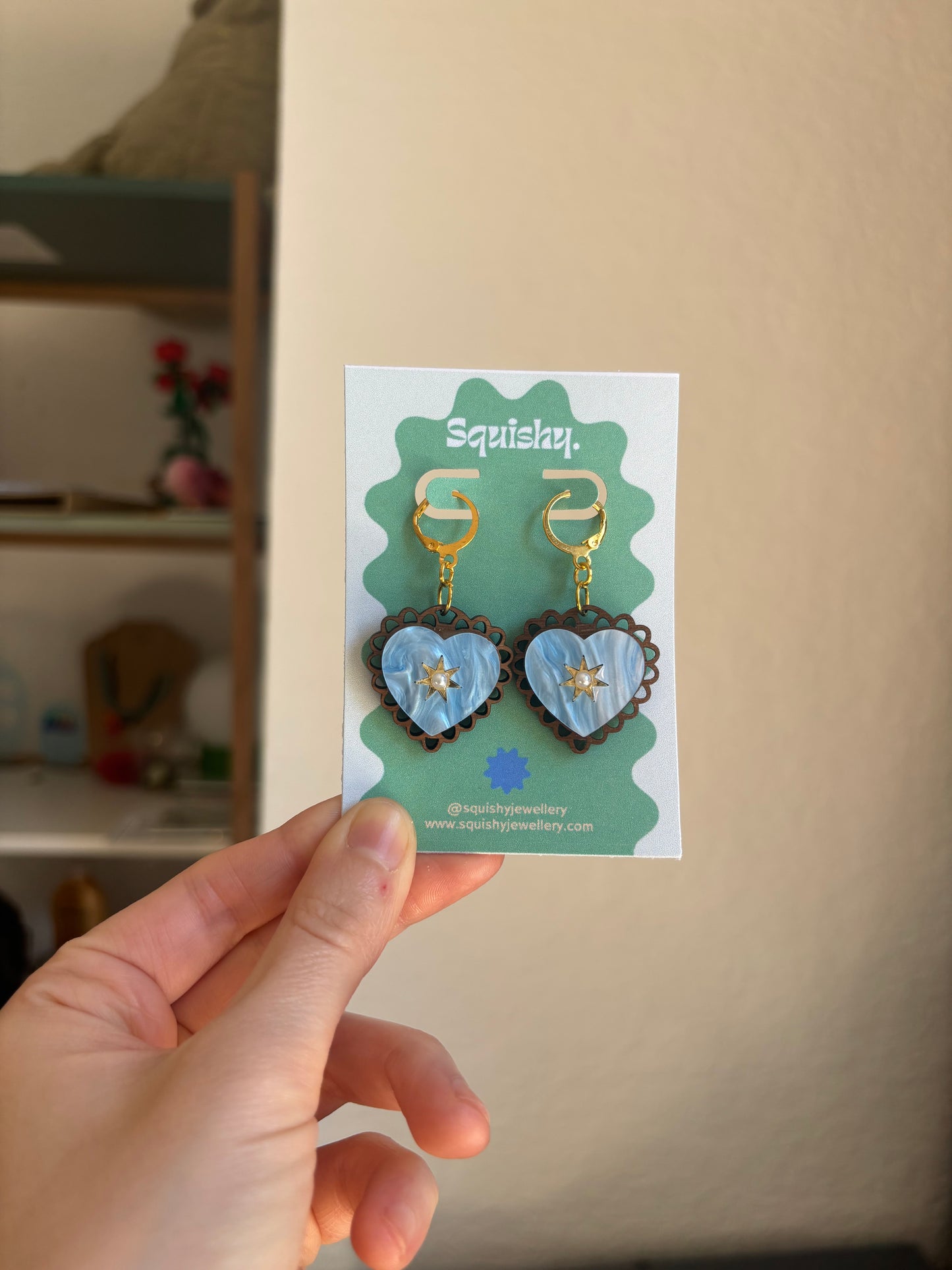 Rococo Blue Heart Earrings with Walnut Backing & Gold Star Detail – Acrylic Hoop Jewellery