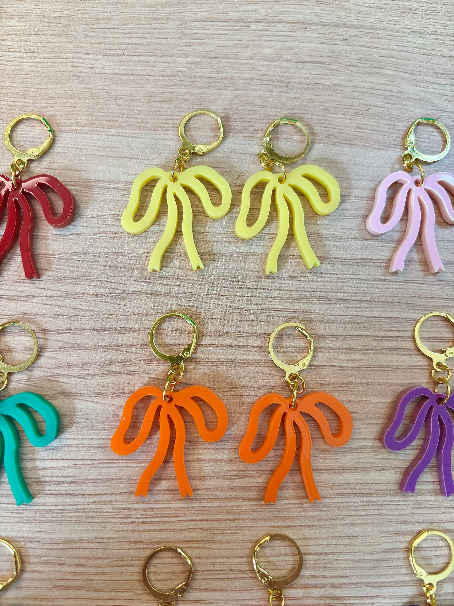 Colorful Bow Earrings — Acrylic Bow Huggie Hoops, Multiple Colours, Cute Statement Kawaii Bows, Handmade Colour-Blocked Earrings