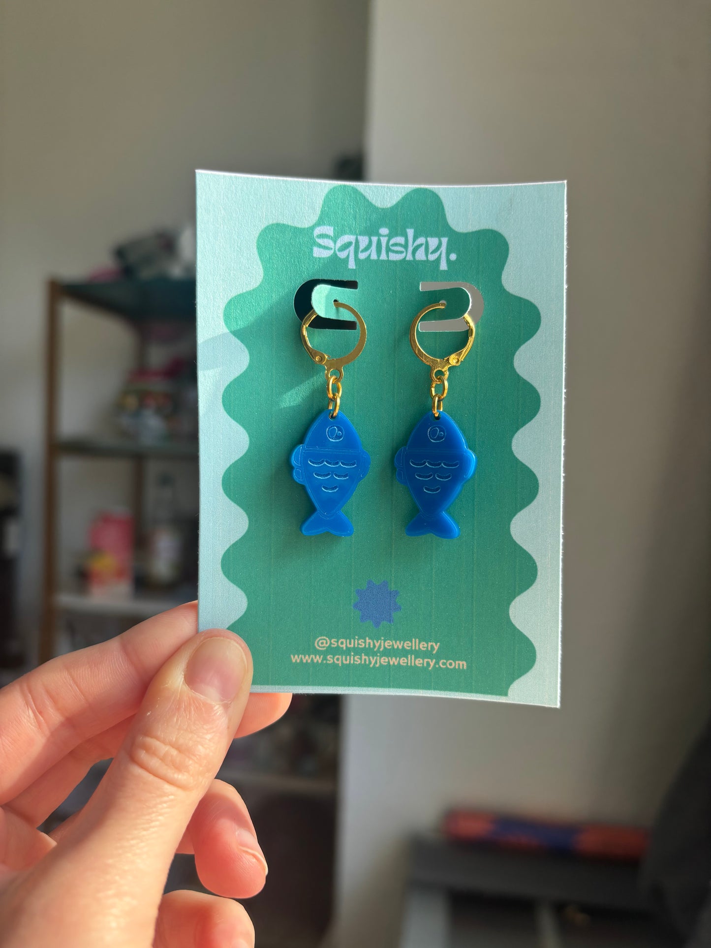 Blue Fish Acrylic Earrings on Gold Huggie Hoops