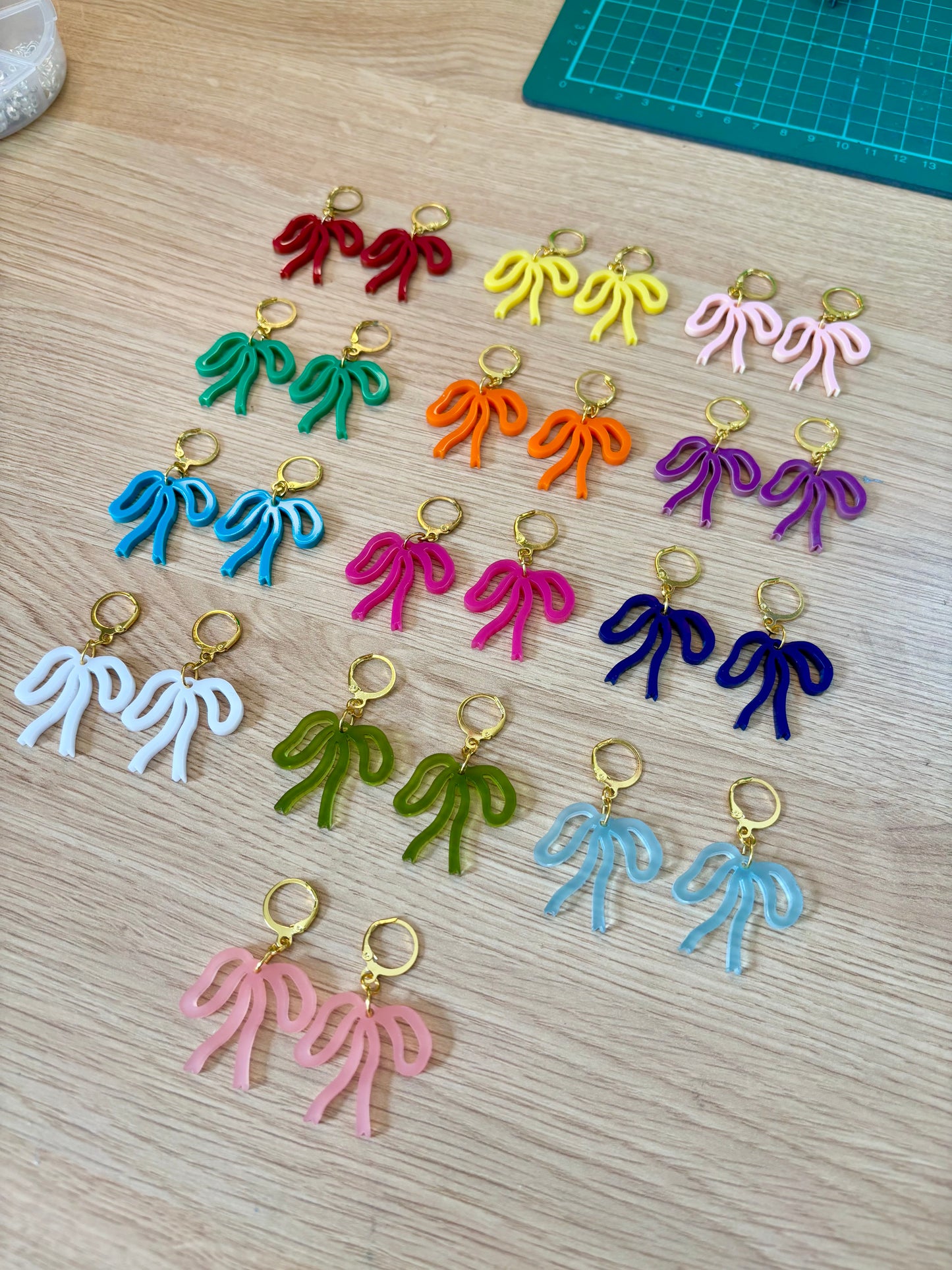 Colorful Bow Earrings — Acrylic Bow Huggie Hoops, Multiple Colours, Cute Statement Kawaii Bows, Handmade Colour-Blocked Earrings