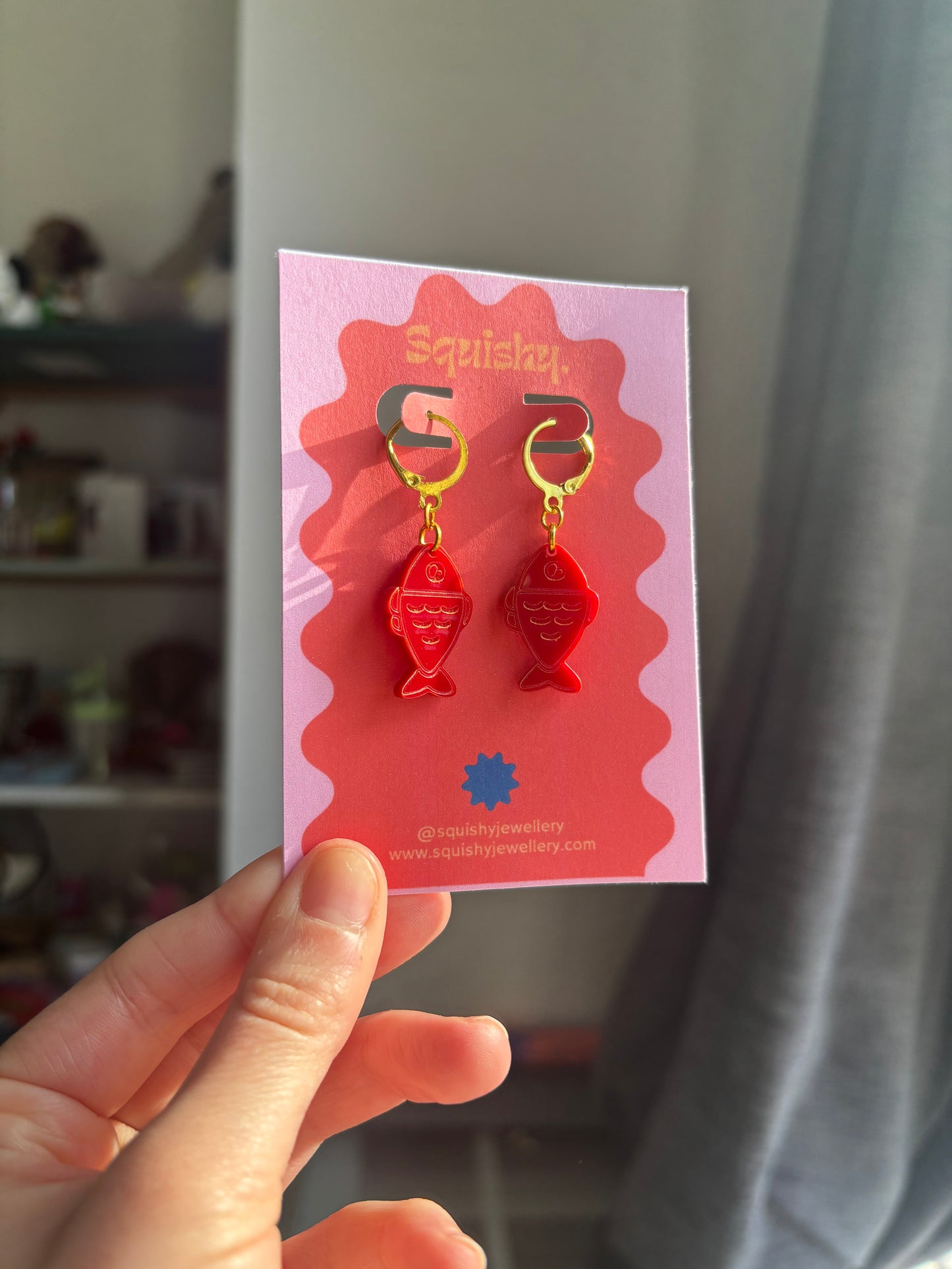 Red Fish Acrylic Earrings on Gold Huggie Hoops