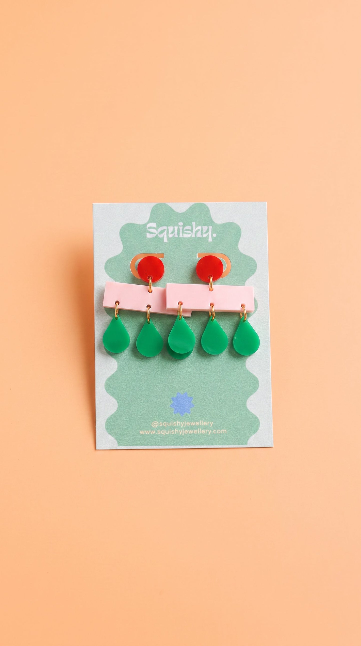 Pink, Green & Red Mid Century Modern 'Raindrop' Memphis Layered Acrylic Women's Earrings.