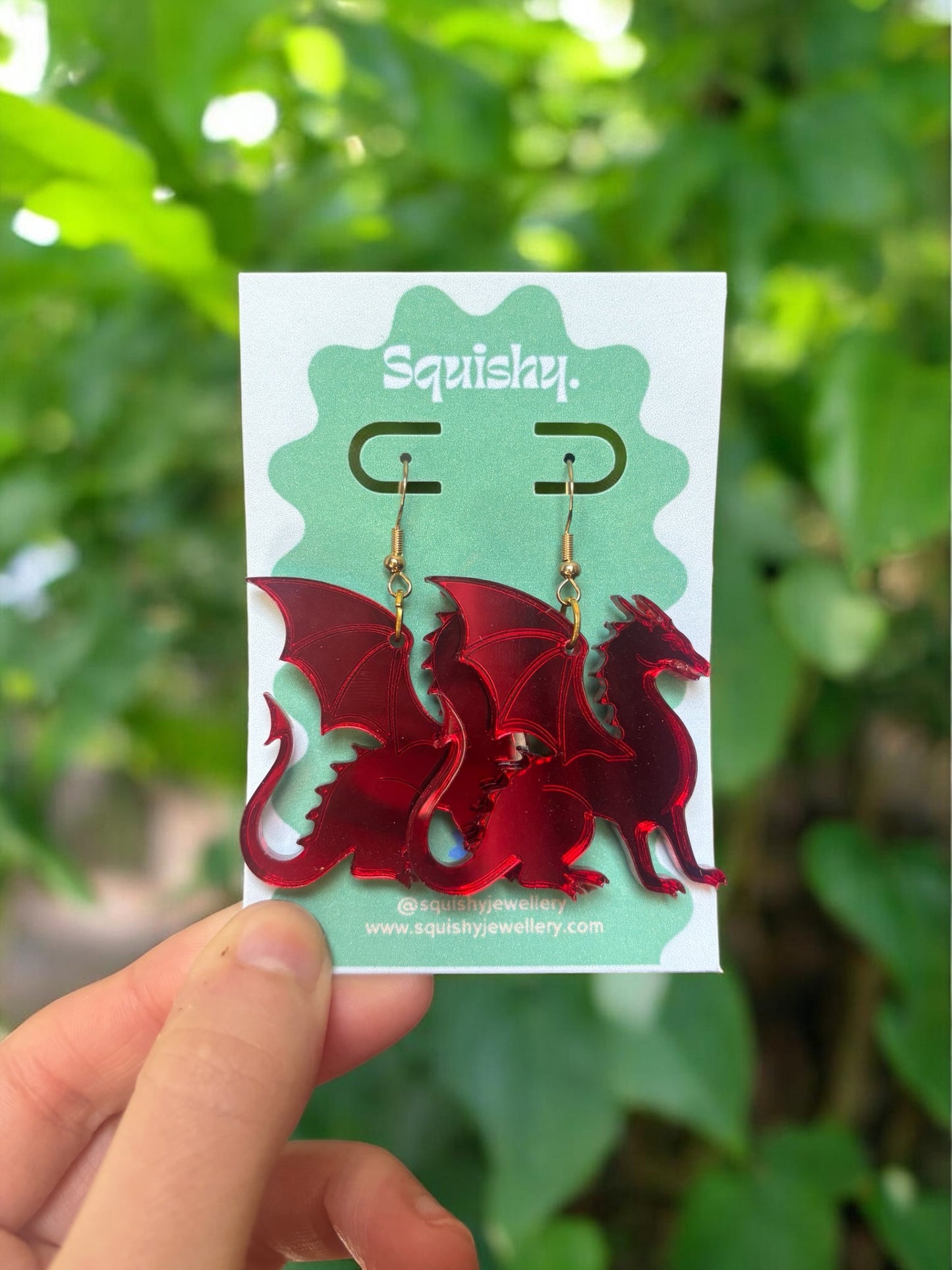 Dragon Earrings – Welsh Inspired Gothic Alt Jewellery, Acrylic Statement Earrings (Red & Green)
