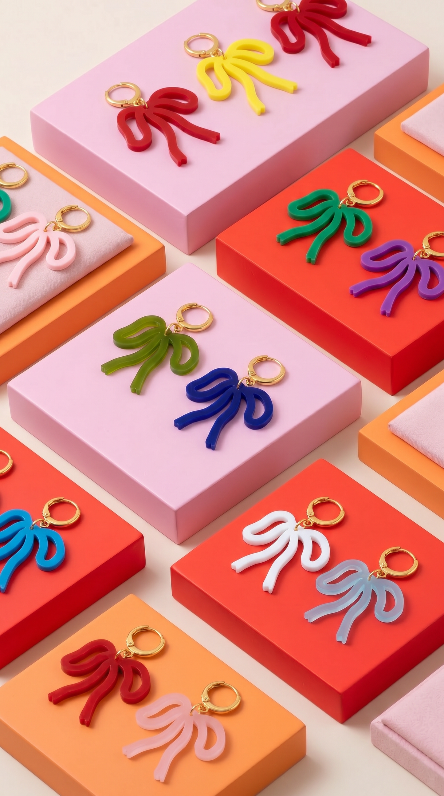 Colorful Bow Earrings — Acrylic Bow Huggie Hoops, Multiple Colours, Cute Statement Kawaii Bows, Handmade Colour-Blocked Earrings