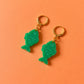 Green Fish Acrylic Earrings on Gold Huggie Hoops