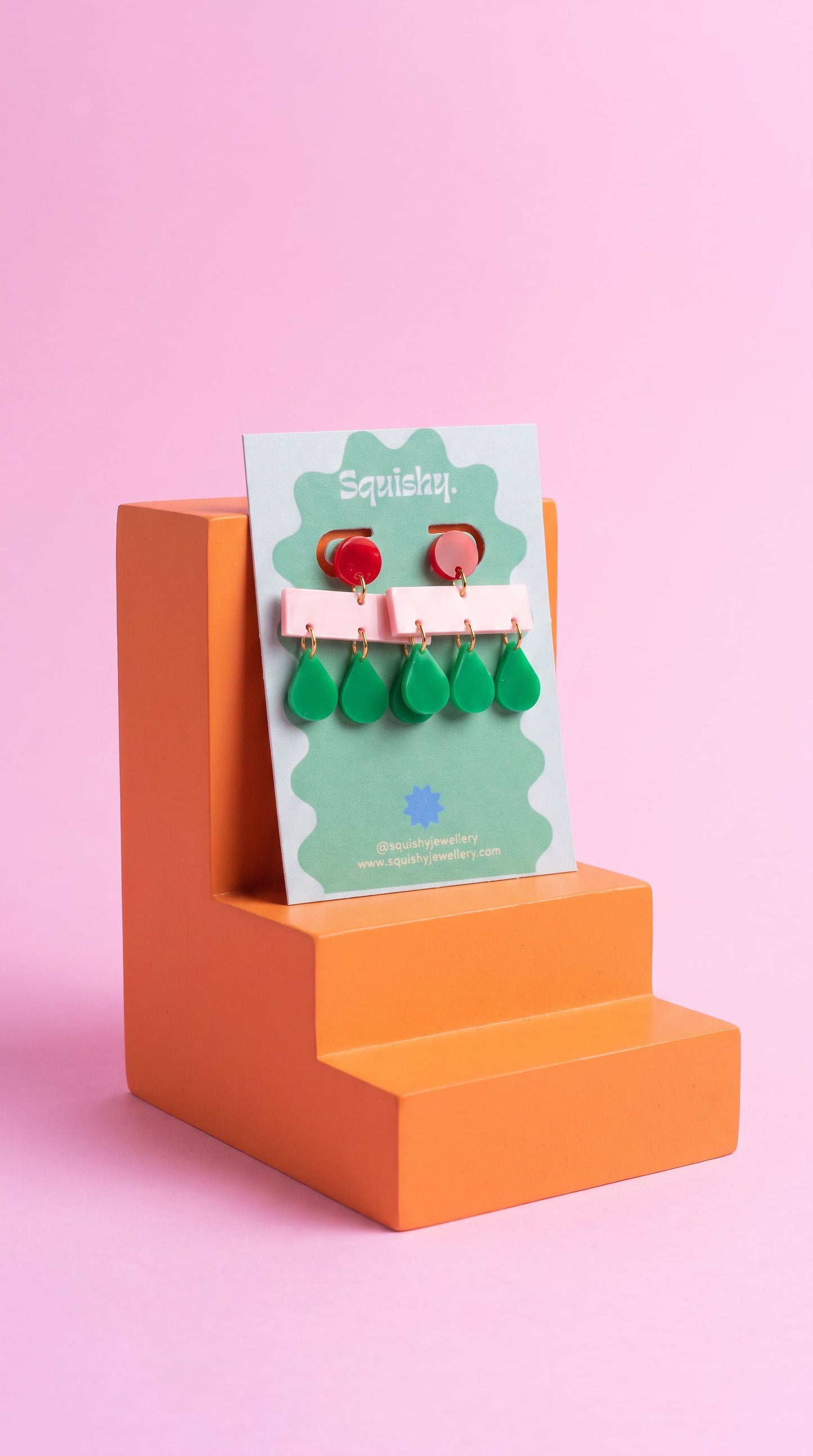Pink, Green & Red Mid Century Modern 'Raindrop' Memphis Layered Acrylic Women's Earrings.