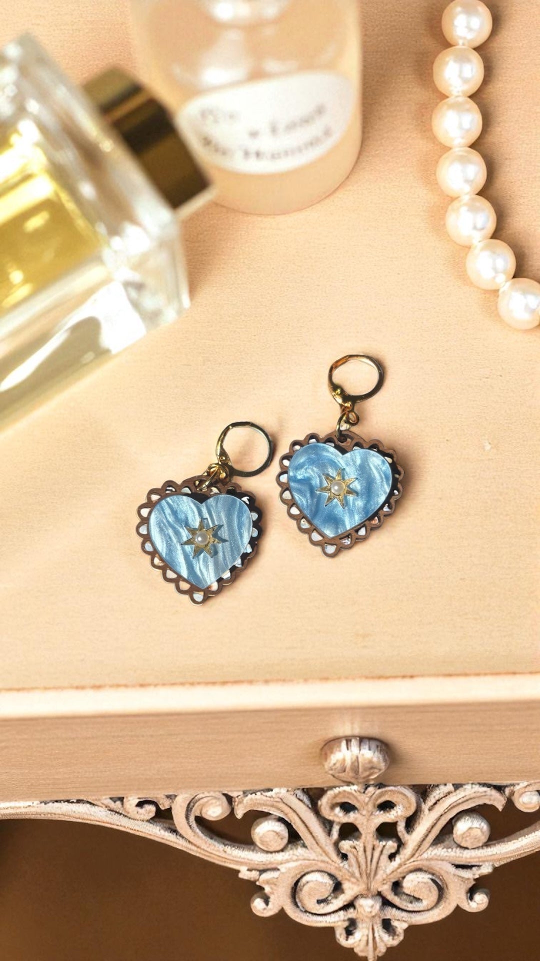 Rococo Blue Heart Earrings with Walnut Backing & Gold Star Detail – Acrylic Hoop Jewellery