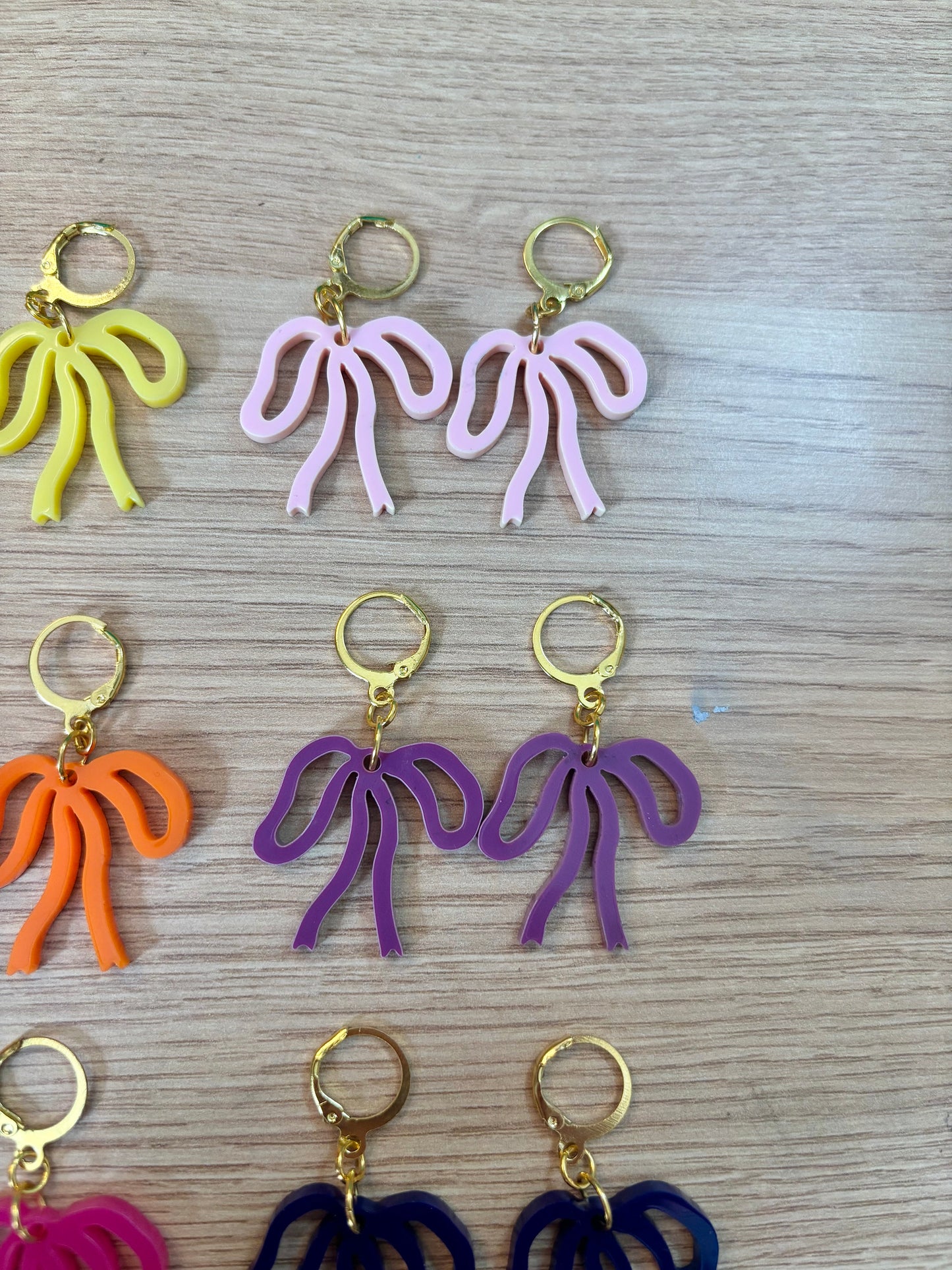 Colorful Bow Earrings — Acrylic Bow Huggie Hoops, Multiple Colours, Cute Statement Kawaii Bows, Handmade Colour-Blocked Earrings