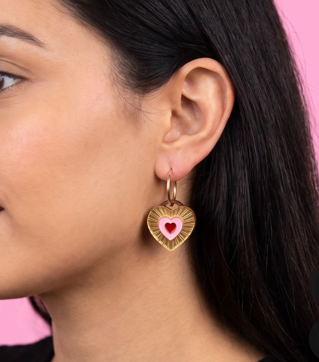 Pink, Gold and Red Heart Hoop Earrings – Acrylic Statement Maximalism Cottagecore Kawaii Celestial Alt Gift Jewellery Red Centre