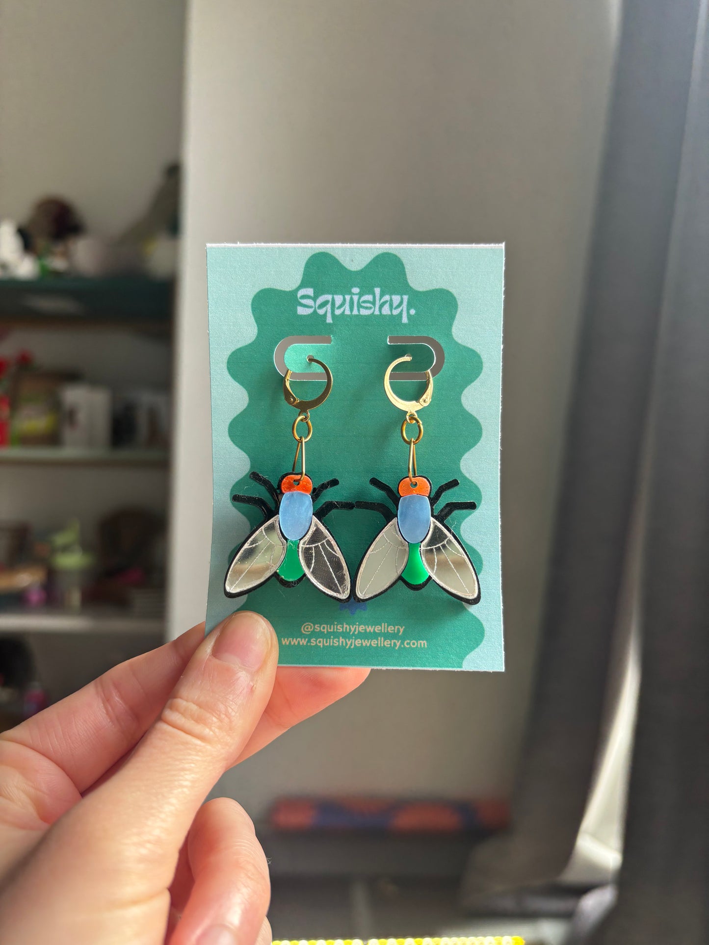 Multicolor Silver Acrylic Fly Earrings: Whimsigoth Bug Statement Huggie Hoops Gifts for Nerds Medium Size