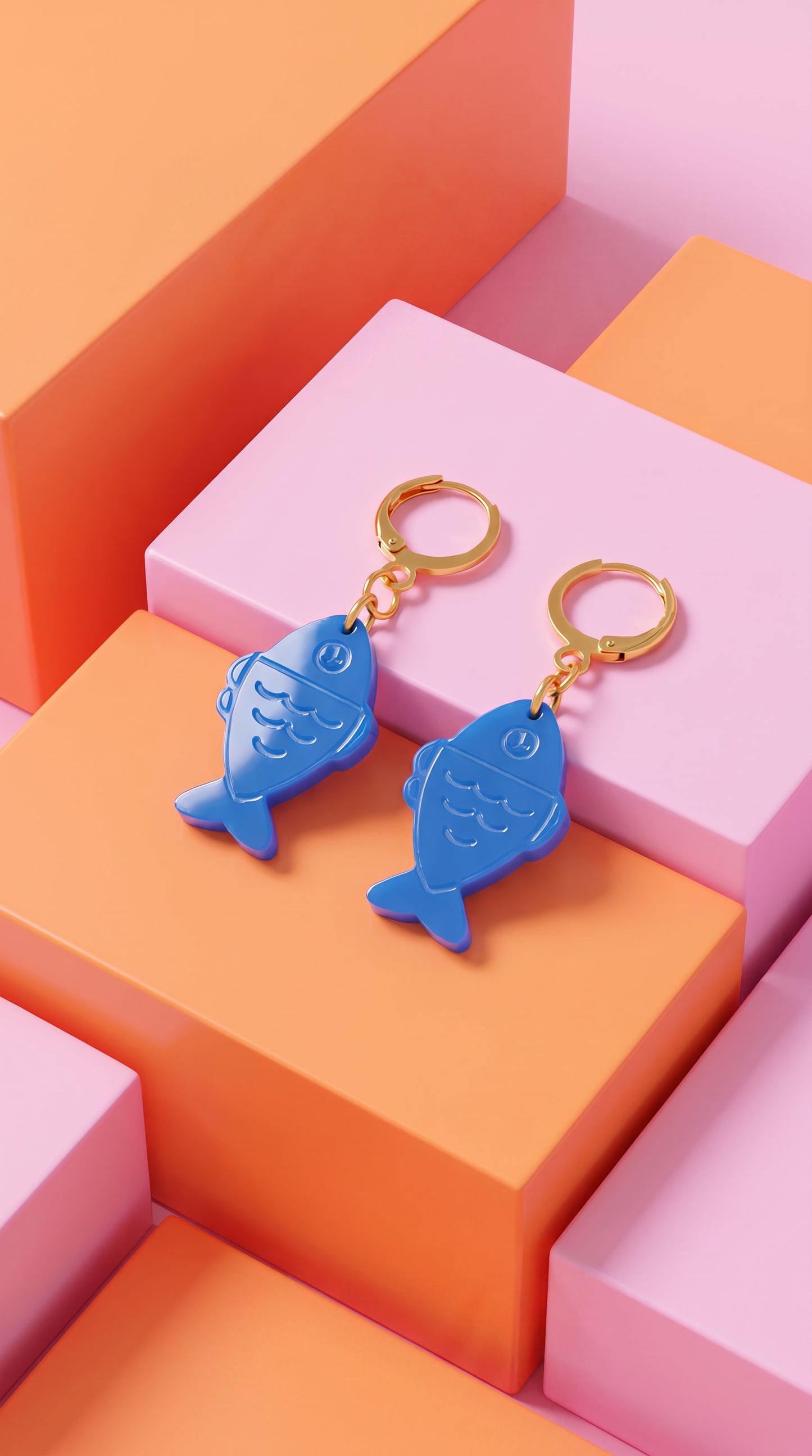 Blue Fish Acrylic Earrings on Gold Huggie Hoops