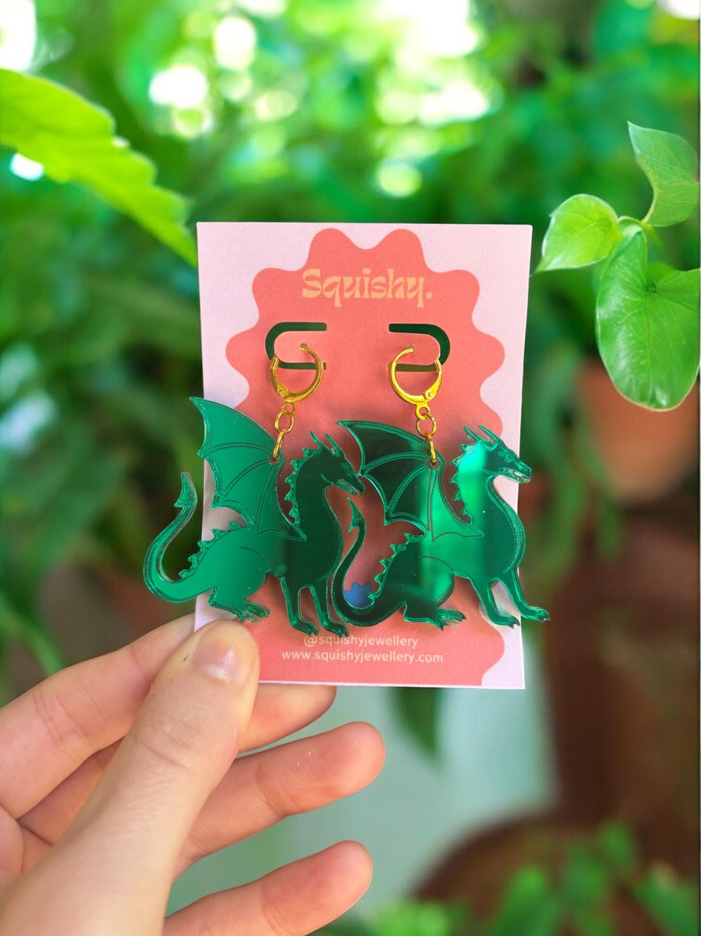 Dragon Earrings – Welsh Inspired Gothic Alt Jewellery, Acrylic Statement Earrings (Red & Green)