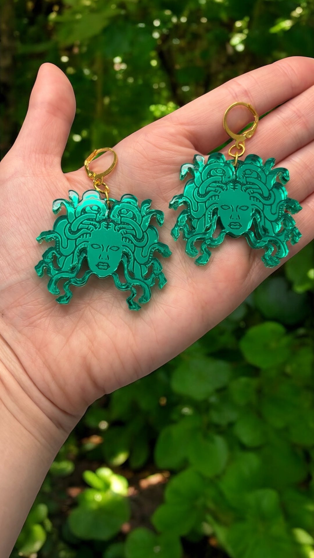 Green Medusa Earrings Mirrored Acrylic Medusa Head Hoops Mythic Statement Jewellery Goth Alt Fashion Ancient Greece, Classics Witchy Costume