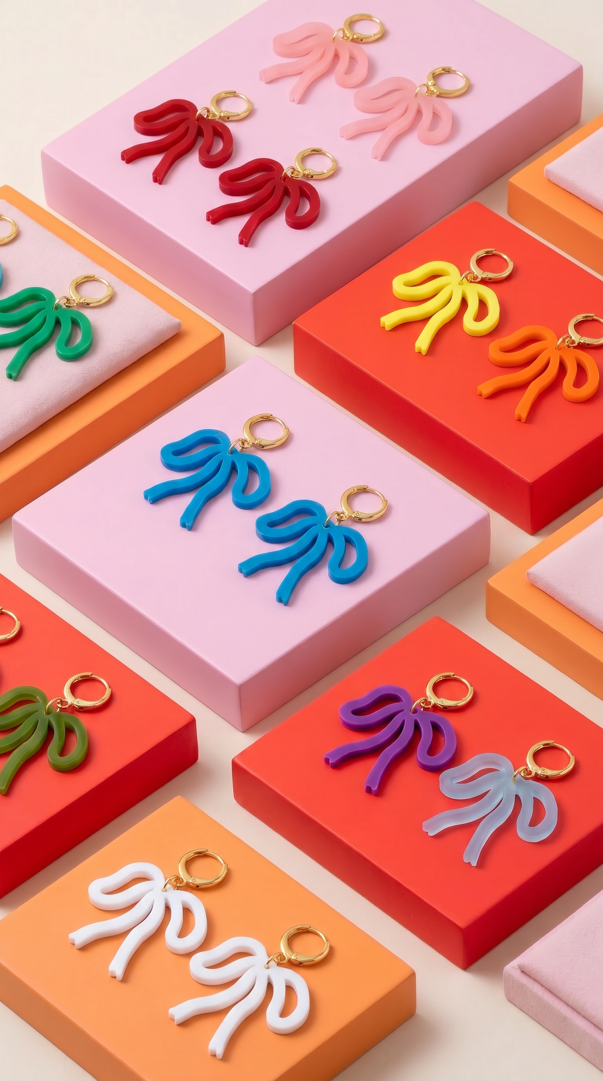 Colorful Bow Earrings — Acrylic Bow Huggie Hoops, Multiple Colours, Cute Statement Kawaii Bows, Handmade Colour-Blocked Earrings