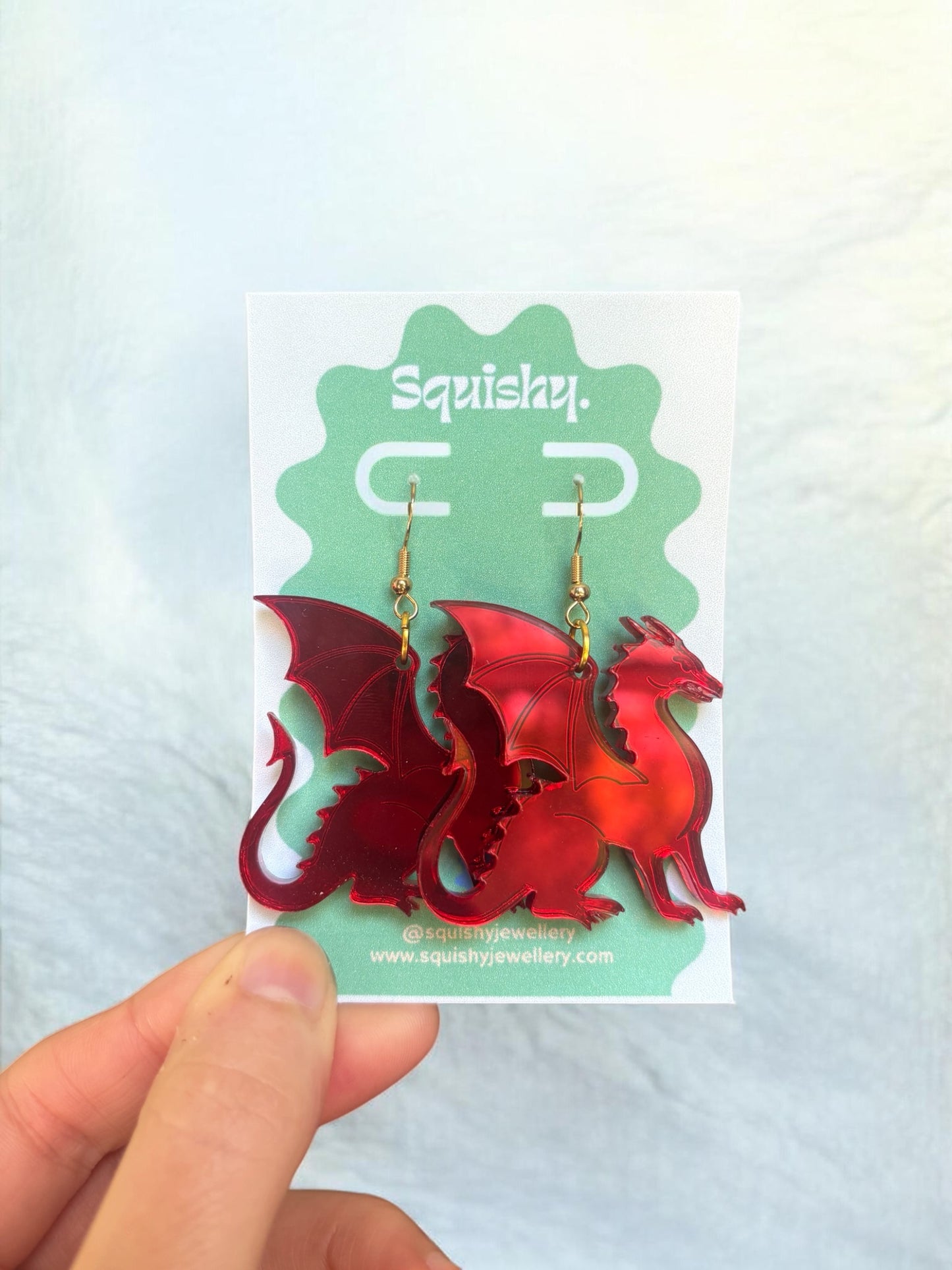 Dragon Earrings – Welsh Inspired Gothic Alt Jewellery, Acrylic Statement Earrings (Red & Green)