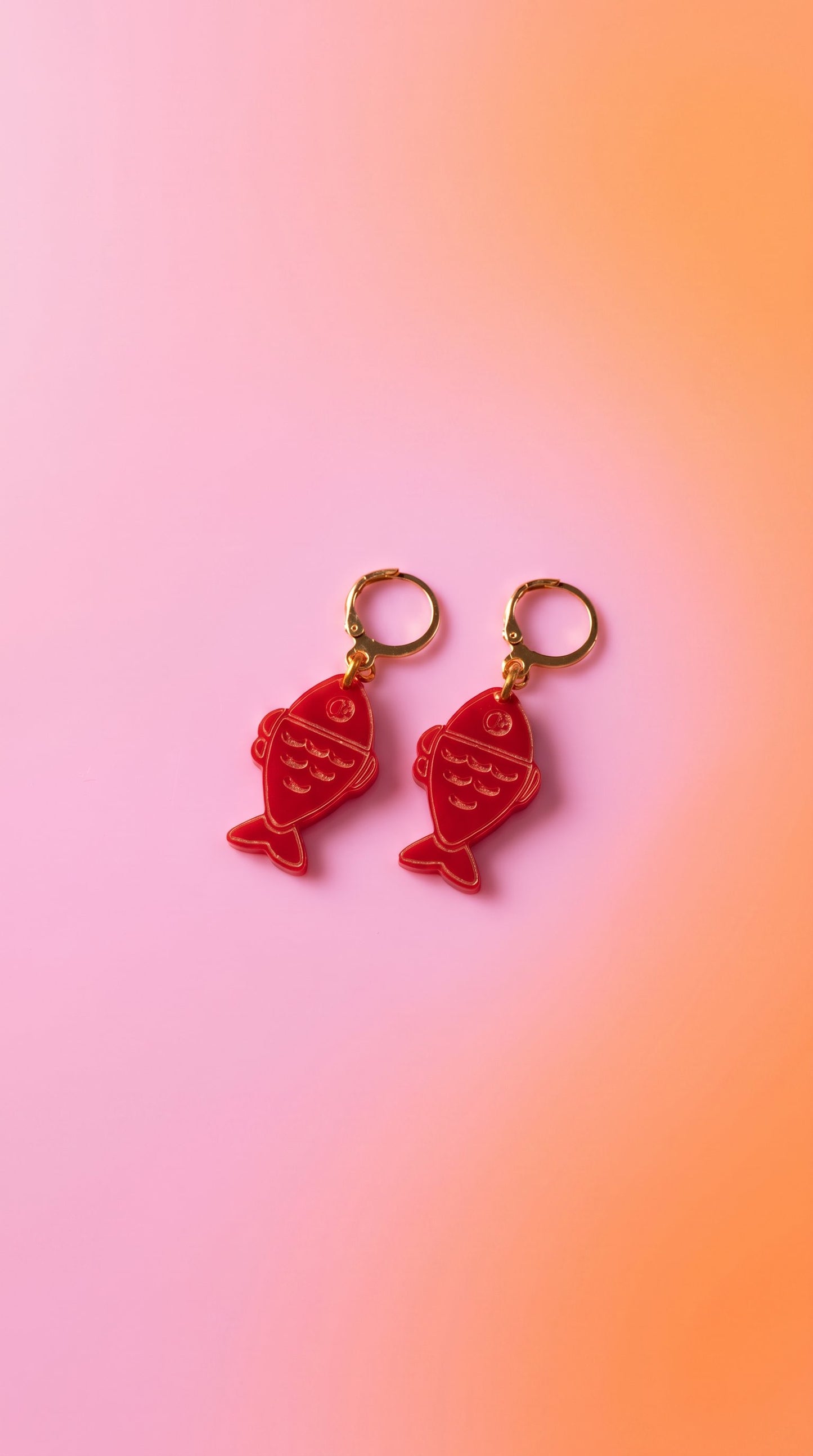 Red Fish Acrylic Earrings on Gold Huggie Hoops