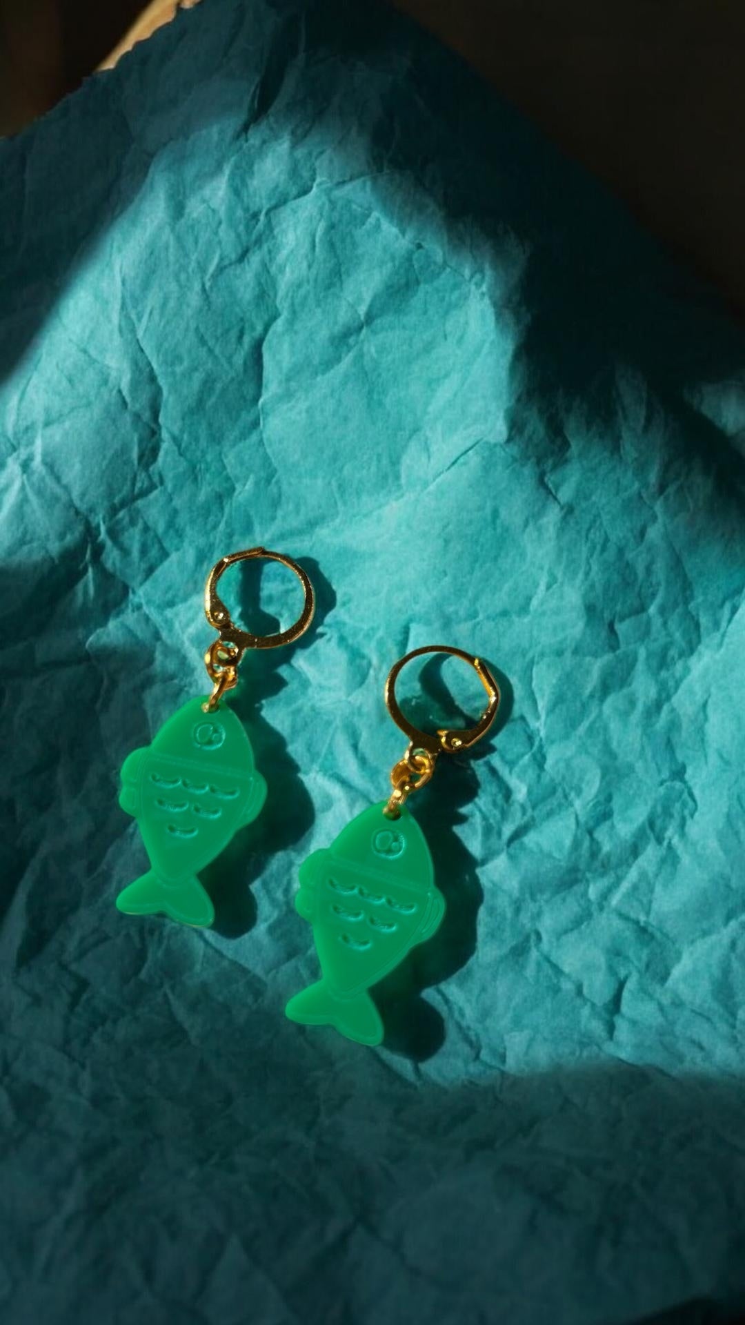 Green Fish Acrylic Earrings on Gold Huggie Hoops