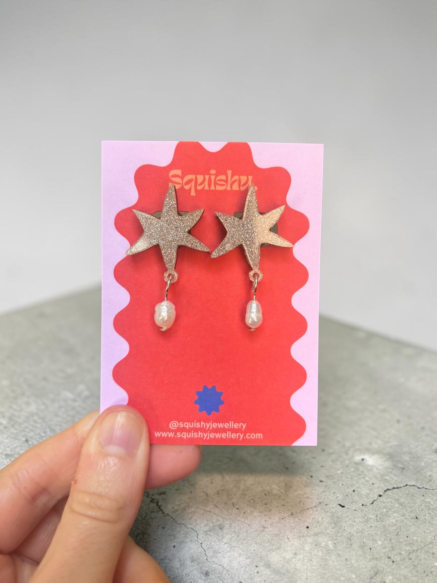 Silver Glitter Abstract Star Pearl Earrings – Modern Art Statement Jewellery