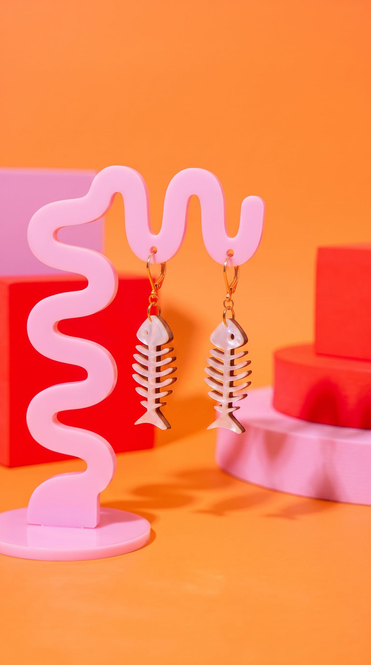 Fish Bone Earrings – Pearlescent Cat Lover Gift Alternative Statement Jewellery Spooky Cute Style, Y2K Aesthetic