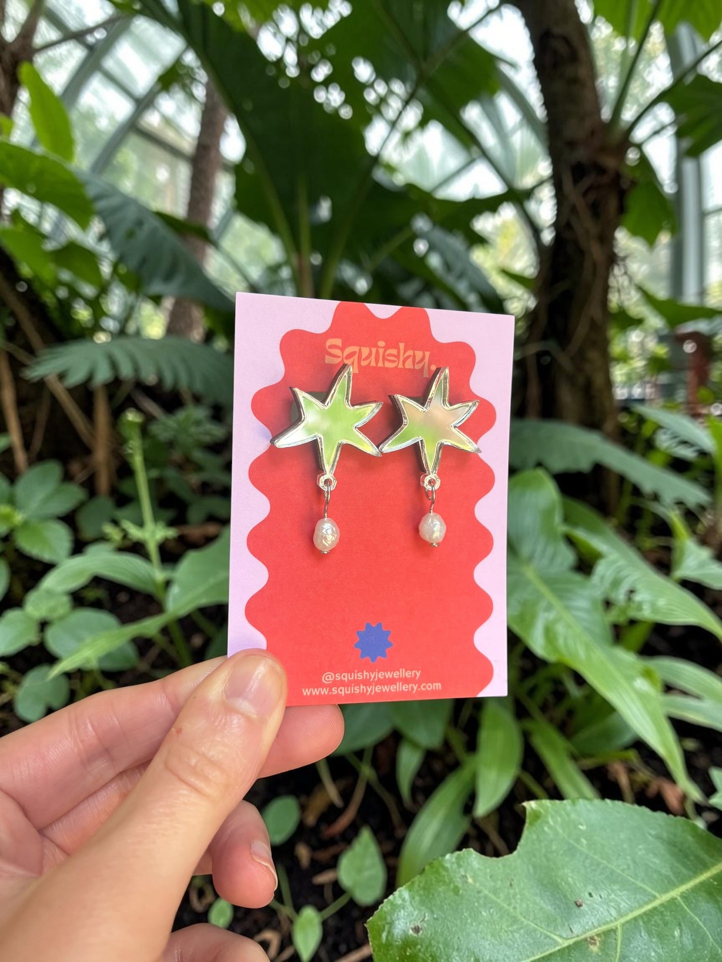 Silver Mirror Abstract Star Pearl Earrings – Modern Art Statement Jewellery