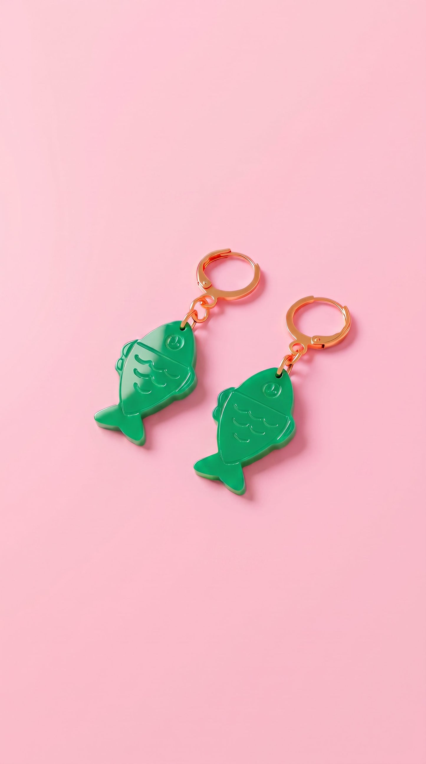 Green Fish Acrylic Earrings on Gold Huggie Hoops