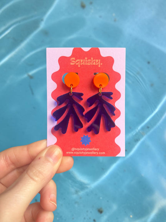 Abstract Seaweed Earrings – Matisse Inspired Acrylic Statement Earrings Blue Orange UK Handmade