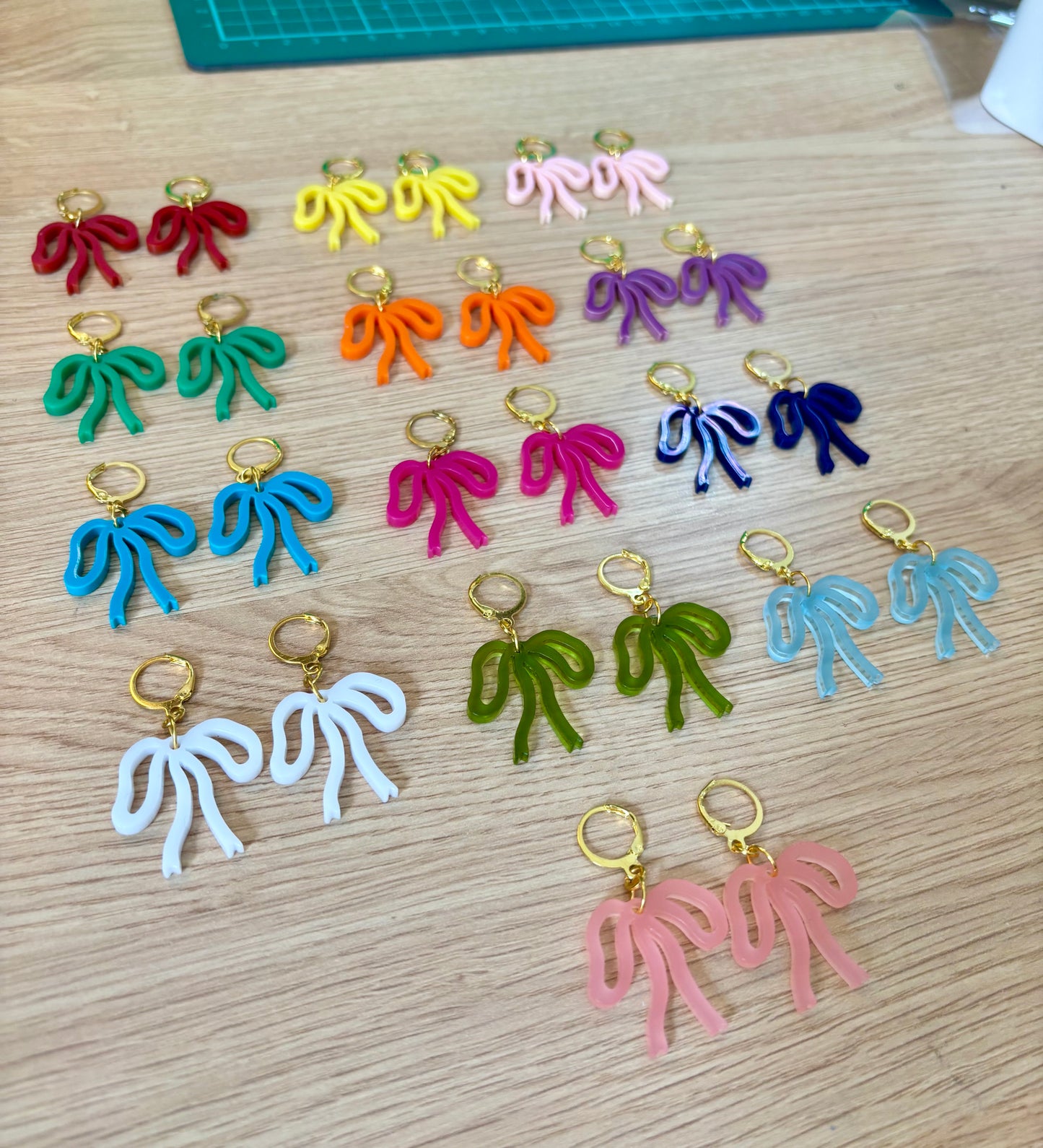 Colorful Bow Earrings — Acrylic Bow Huggie Hoops, Multiple Colours, Cute Statement Kawaii Bows, Handmade Colour-Blocked Earrings