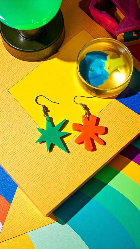 Green and Orange Kiki Bouba Earrings Linguistics Inspired Abstract Acrylic Cognitive Science Jewelry Mismatched Statement Gifts Memphis Milano