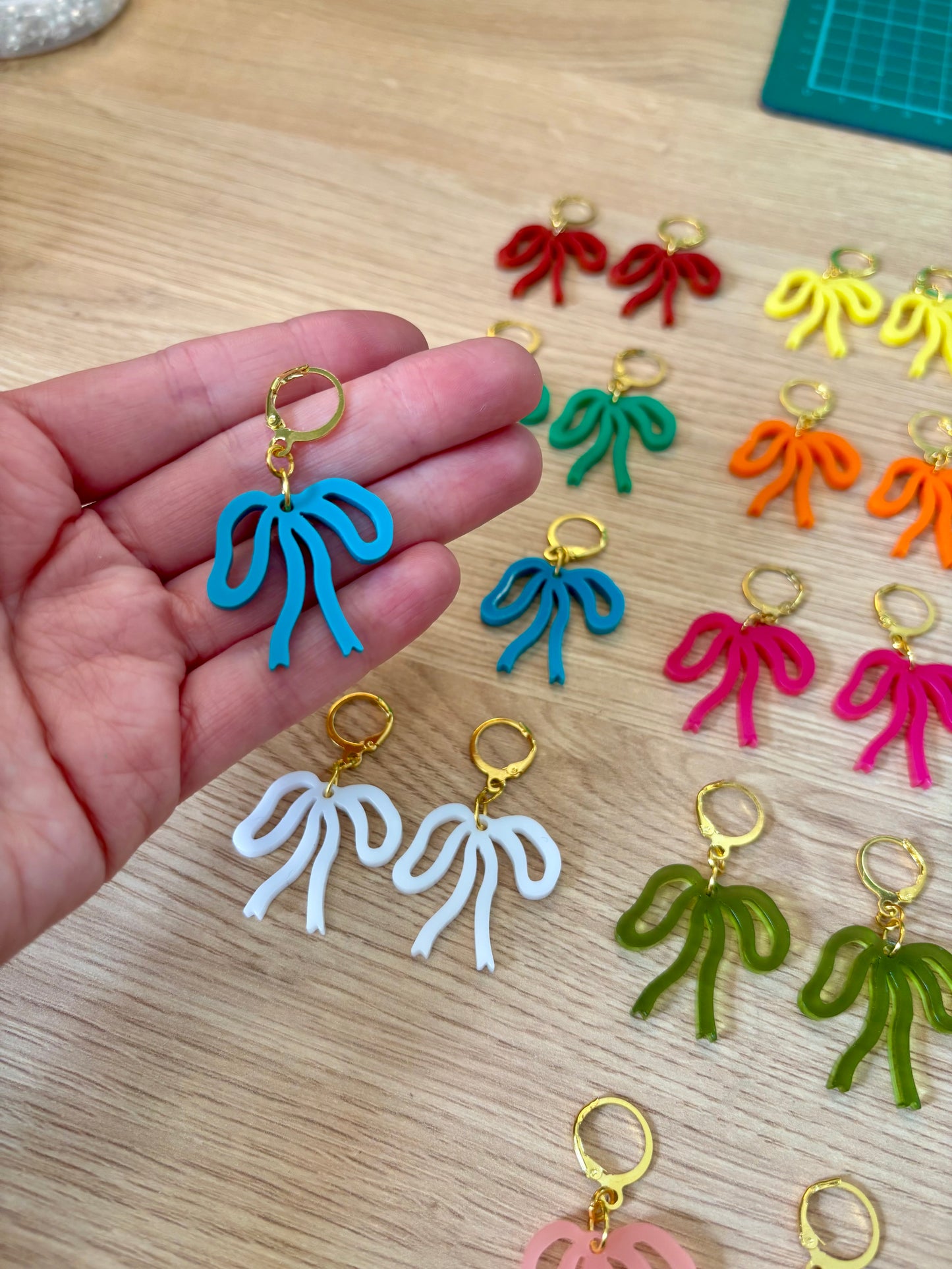 Colorful Bow Earrings — Acrylic Bow Huggie Hoops, Multiple Colours, Cute Statement Kawaii Bows, Handmade Colour-Blocked Earrings