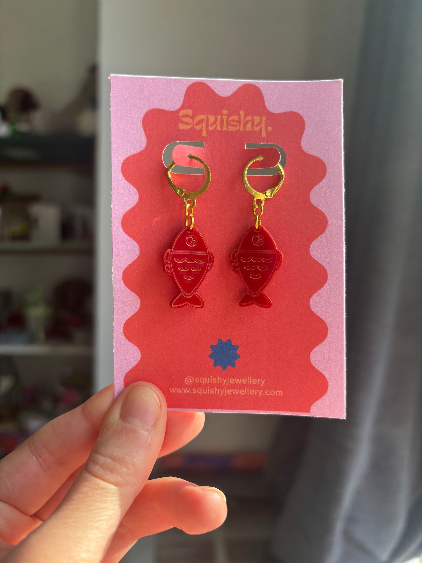 Red Fish Acrylic Earrings on Gold Huggie Hoops