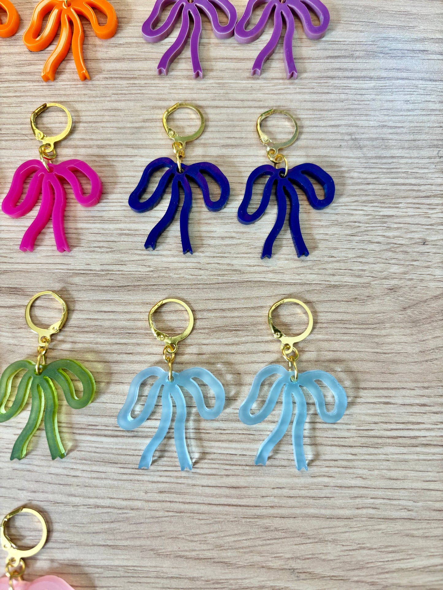 Colorful Bow Earrings — Acrylic Bow Huggie Hoops, Multiple Colours, Cute Statement Kawaii Bows, Handmade Colour-Blocked Earrings