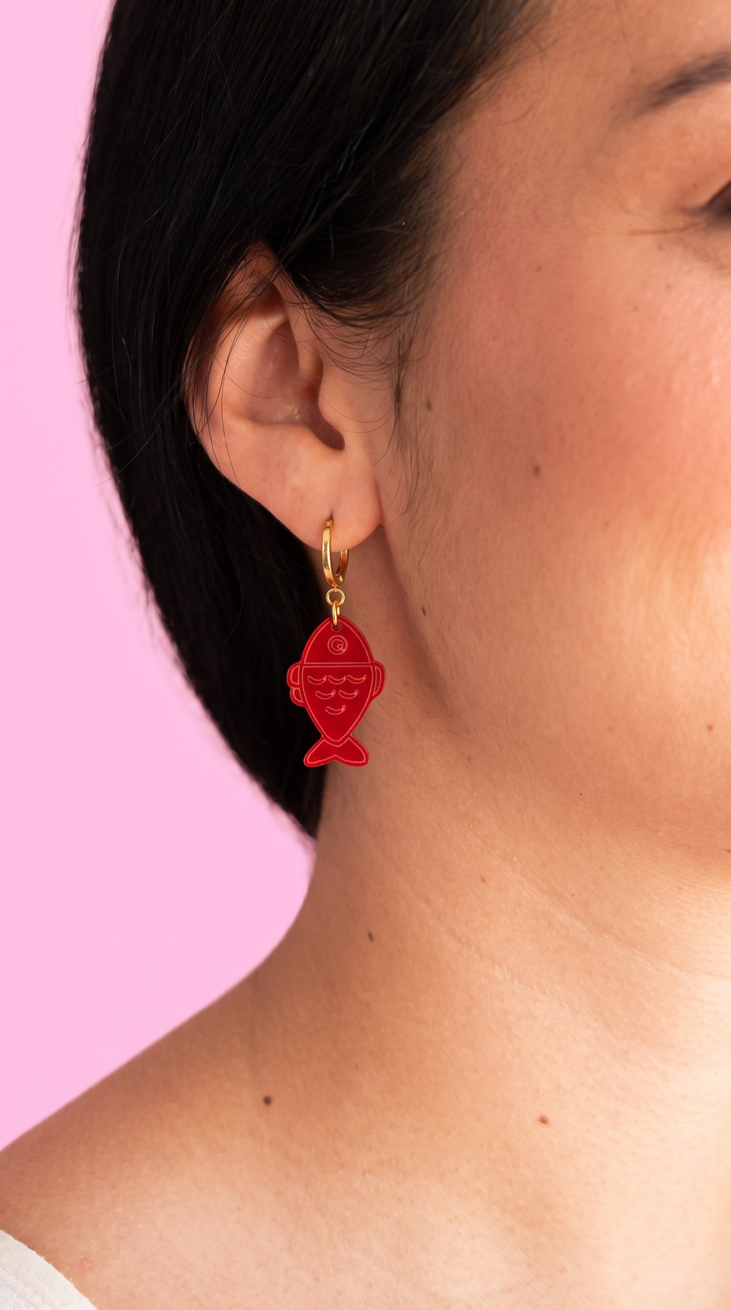 Red Fish Acrylic Earrings on Gold Huggie Hoops