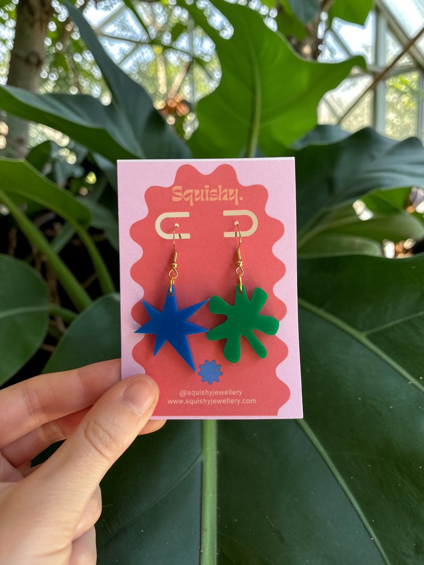 Blue and Green Kiki & Bouba Earrings – Abstract Art Statement Jewellery