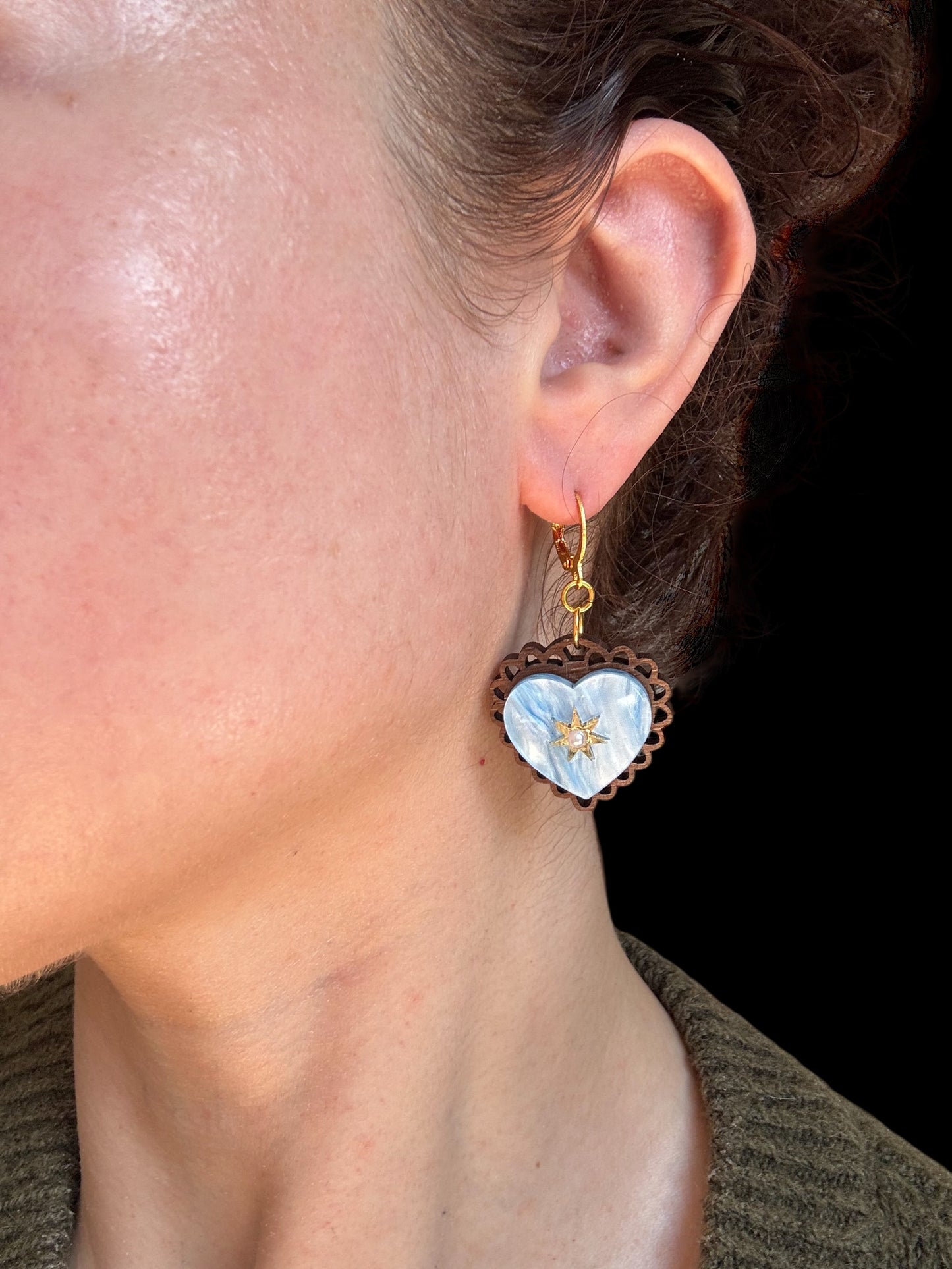 Rococo Blue Heart Earrings with Walnut Backing & Gold Star Detail – Acrylic Hoop Jewellery