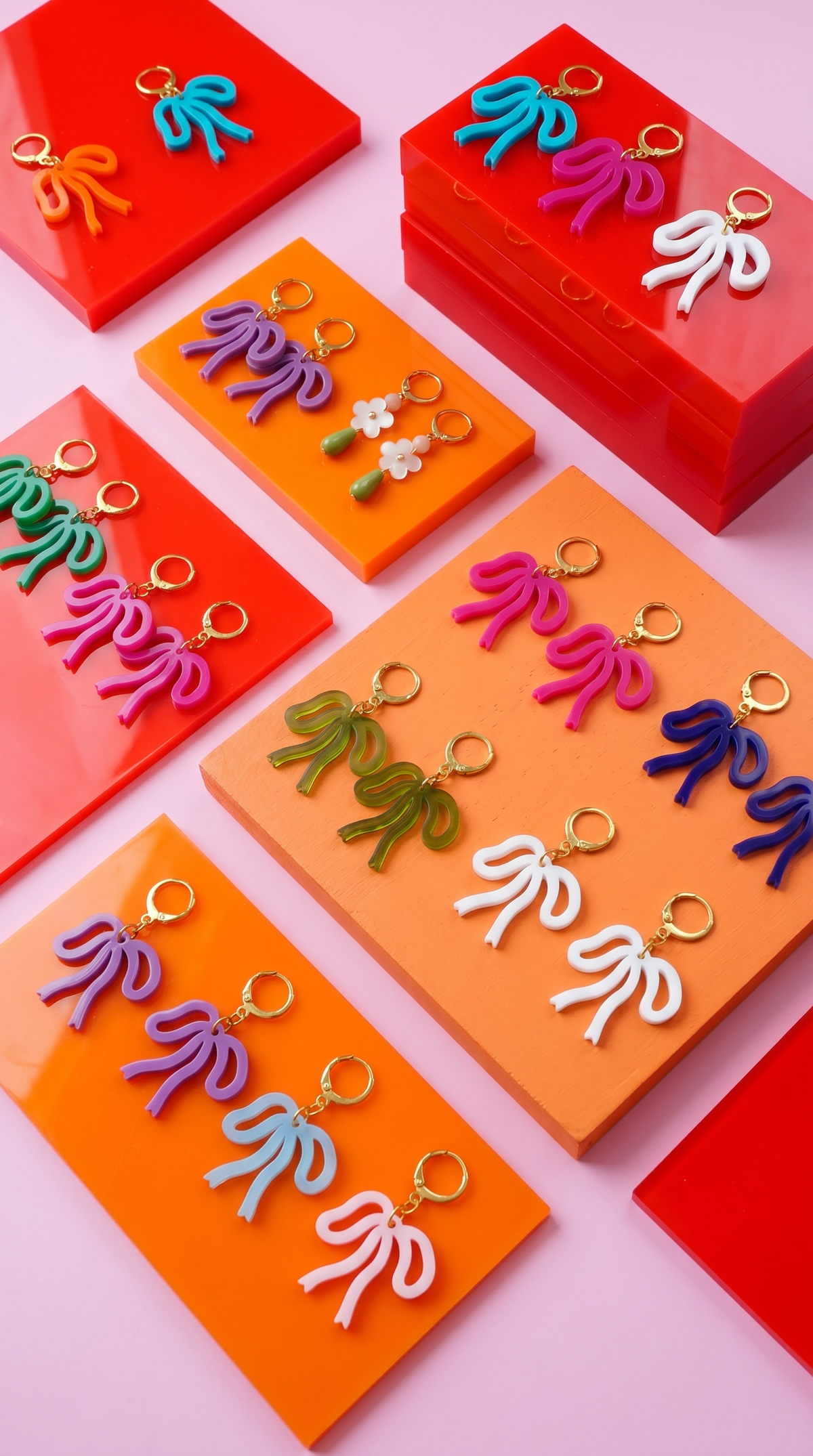 Colorful Bow Earrings — Acrylic Bow Huggie Hoops, Multiple Colours, Cute Statement Kawaii Bows, Handmade Colour-Blocked Earrings
