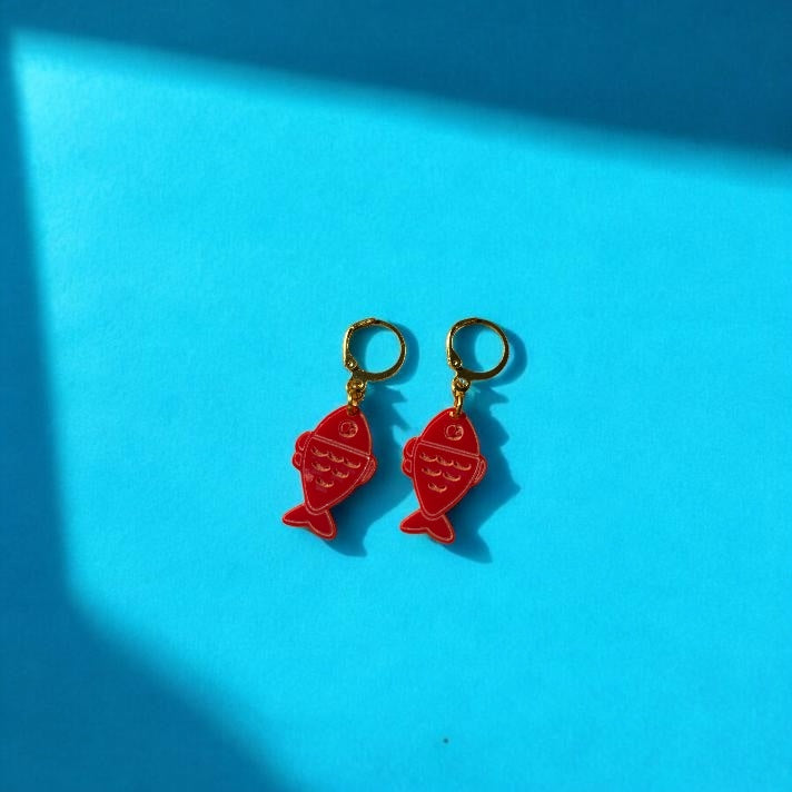 Red Fish Acrylic Earrings on Gold Huggie Hoops
