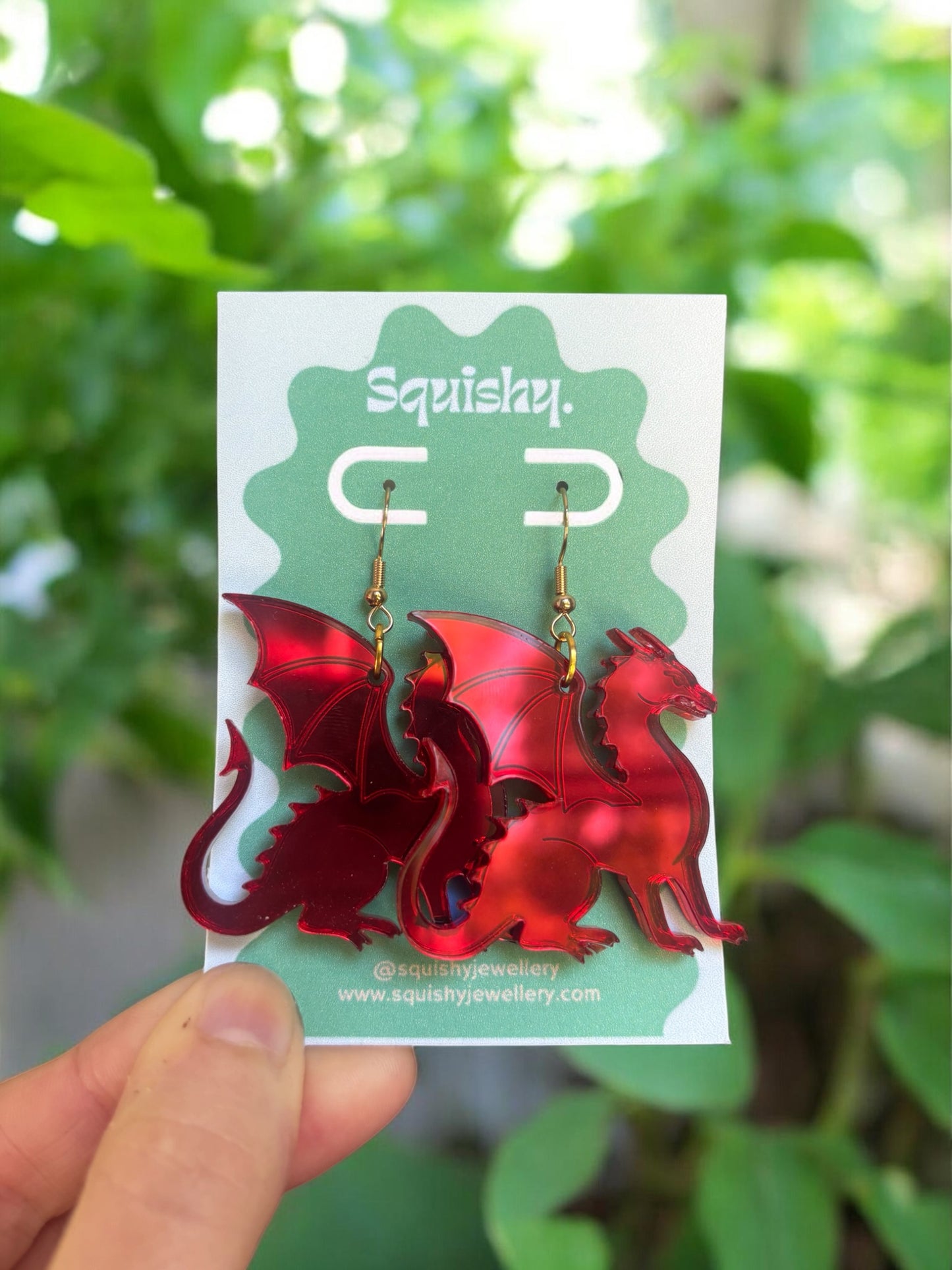 Dragon Earrings – Welsh Inspired Gothic Alt Jewellery, Acrylic Statement Earrings (Red & Green)