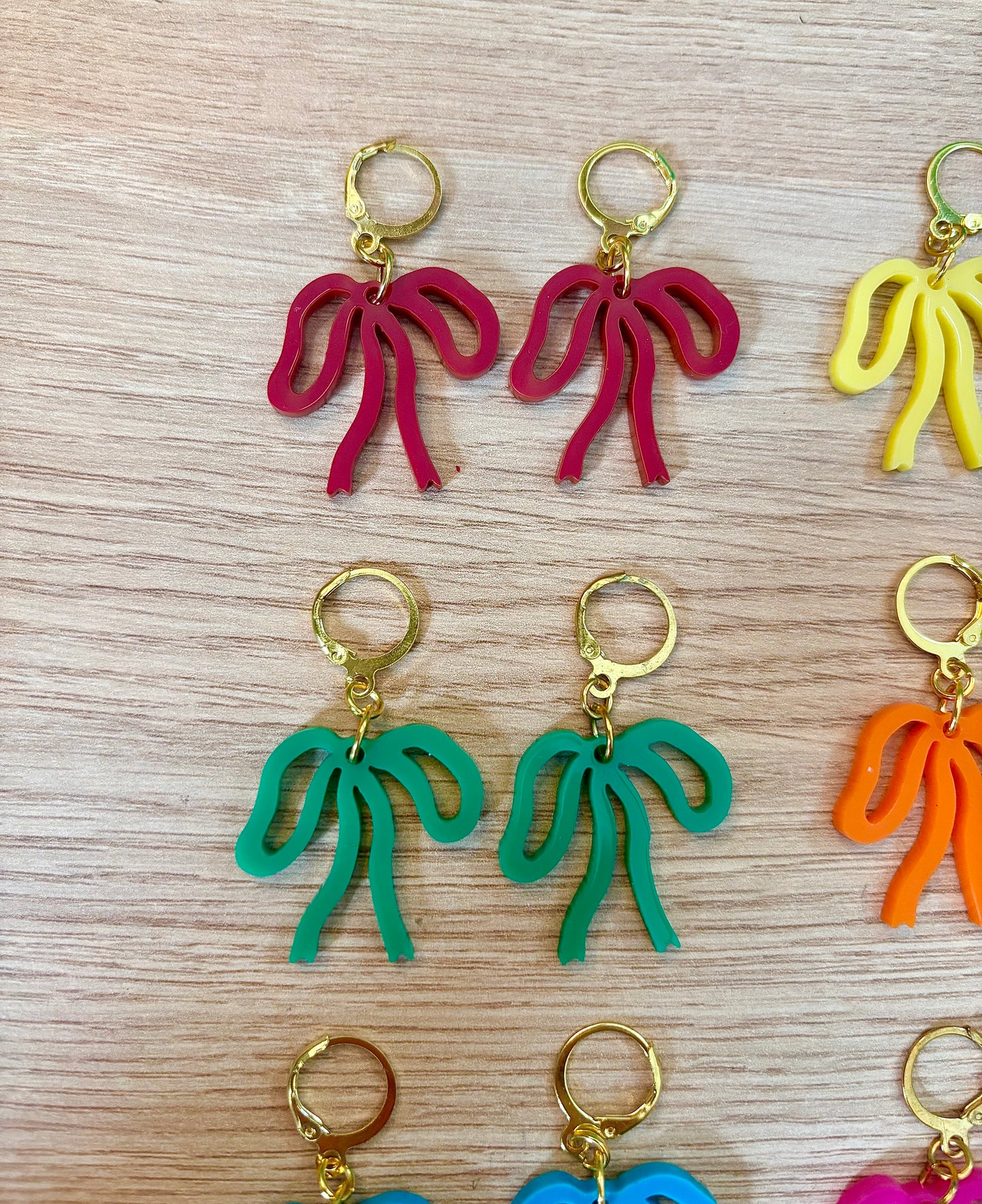 Colorful Bow Earrings — Acrylic Bow Huggie Hoops, Multiple Colours, Cute Statement Kawaii Bows, Handmade Colour-Blocked Earrings