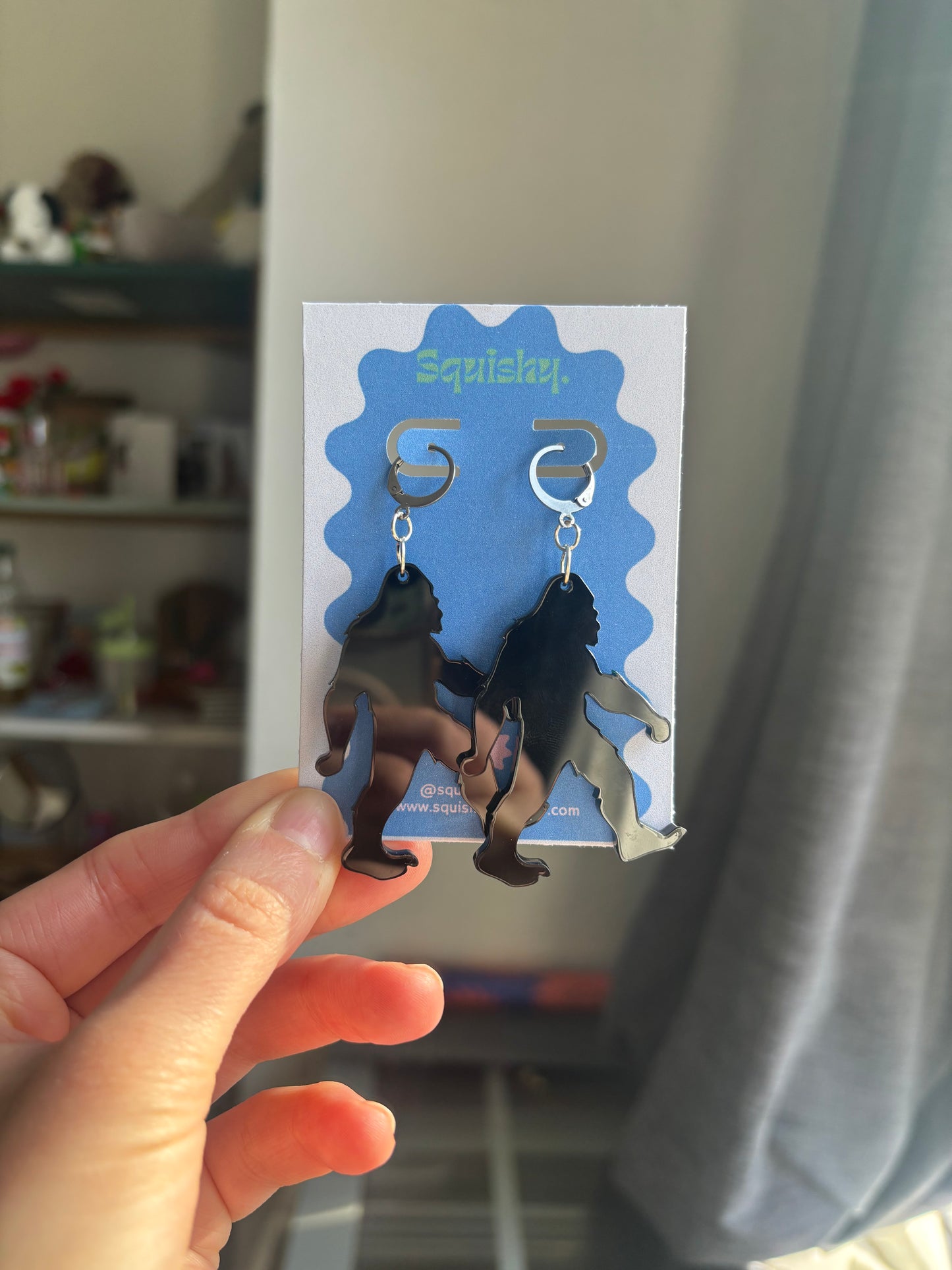 Bigfoot Earrings – Black Acrylic Sasquatch Dangle Earrings on Silver Huggie Hoops