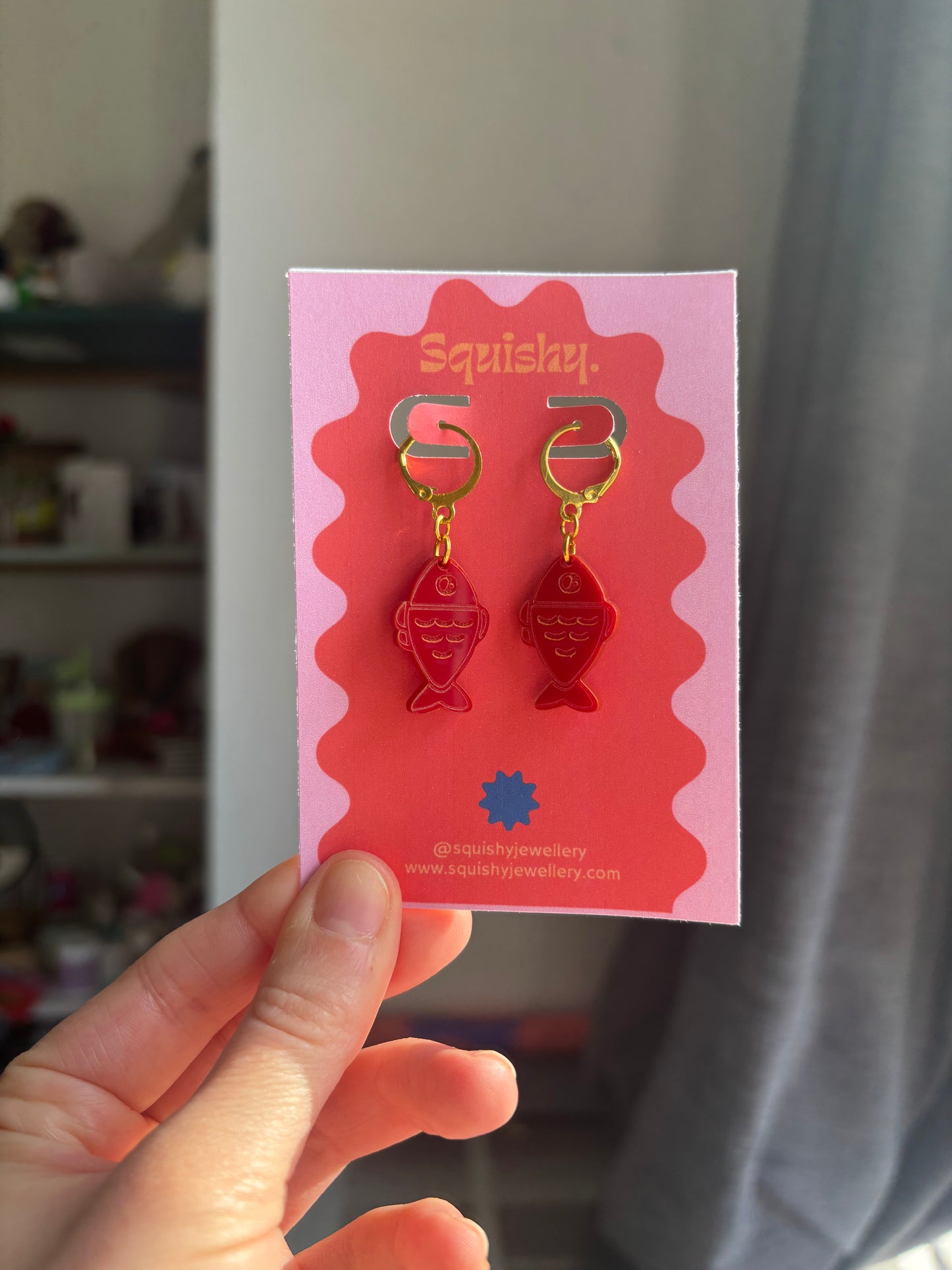 Red Fish Acrylic Earrings on Gold Huggie Hoops